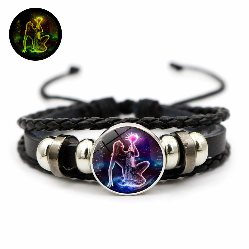 Doce de la constelación al por mayor brillo de piedra en la oscura pulsera de cuero con cuentas tejidas a mano